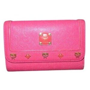 MCM Visetos Leather Studded Logo Motifs Medium Trifold Wallet Fuchsia Magenta
